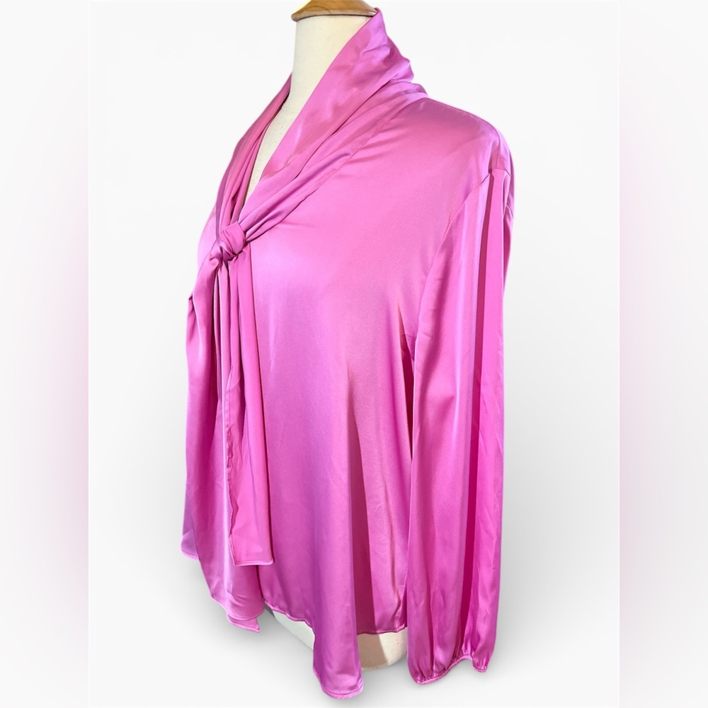 Bar III Vibrant Pretty in Pink Satin Blouse w/ neck tie & elastic cuffs size XXL - Picture 5 of 17
